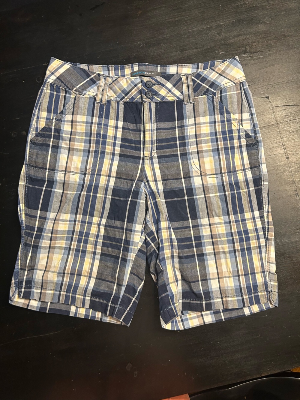 French Cuff Navy, Yellow & White Plaid Shirt Size 6